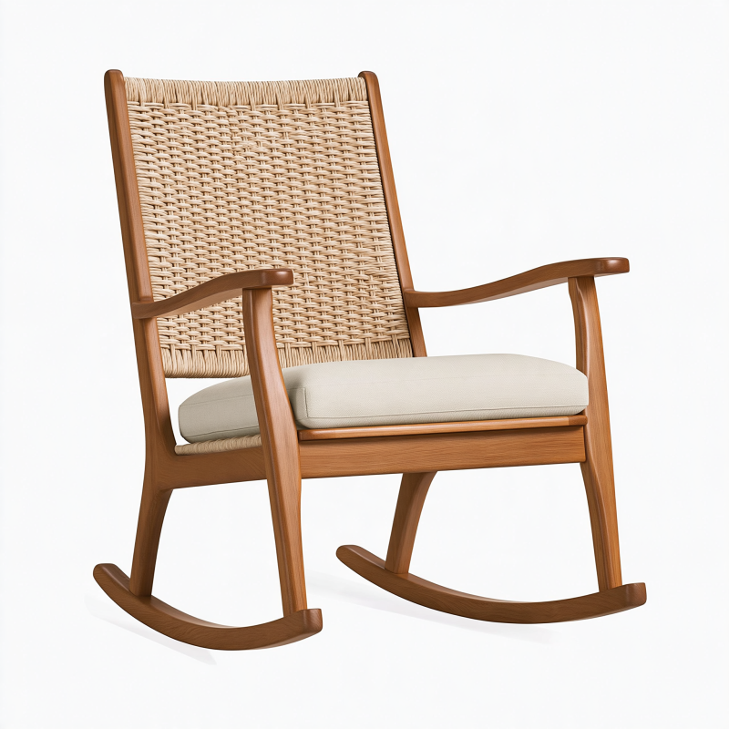 Schaukelstuhl 110 x 67 x 98 cm aus Holz Braun Beige mit Geflecht und Sitzpolster