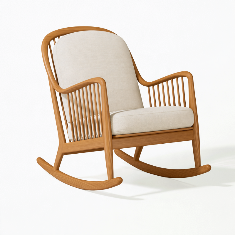Schaukelstuhl 70 x 90 x 100 cm aus Holz in Hellbraun Creme - gepolstert im klassischen Stil