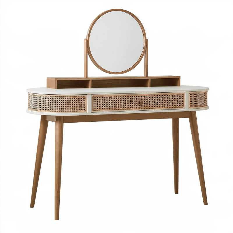 Schminktisch 100 x 45 x 140 cm Holz Rattan Beige Braun Weiß mit Spiegel und Schubladen im Retro-Stil
