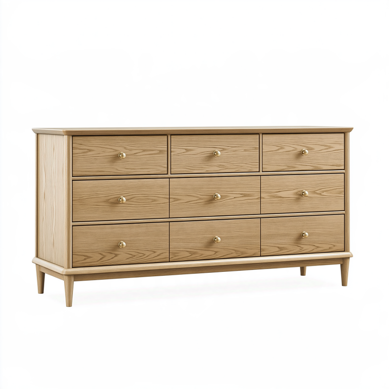 Kommode 160 x 45 x 90 cm aus Holz Naturholz mit 9 Schubladen im skandinavischen Stil