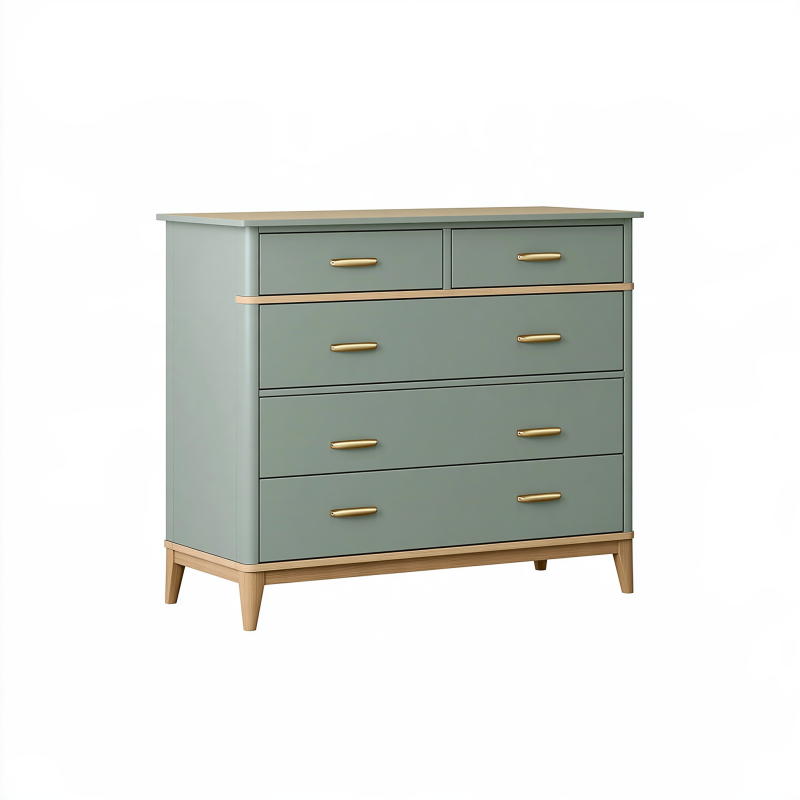 Kommode 120 x 45 x 100 cm aus Holzwerkstoff in Salbeigrün mit fünf Schubladen im Retro-Stil
