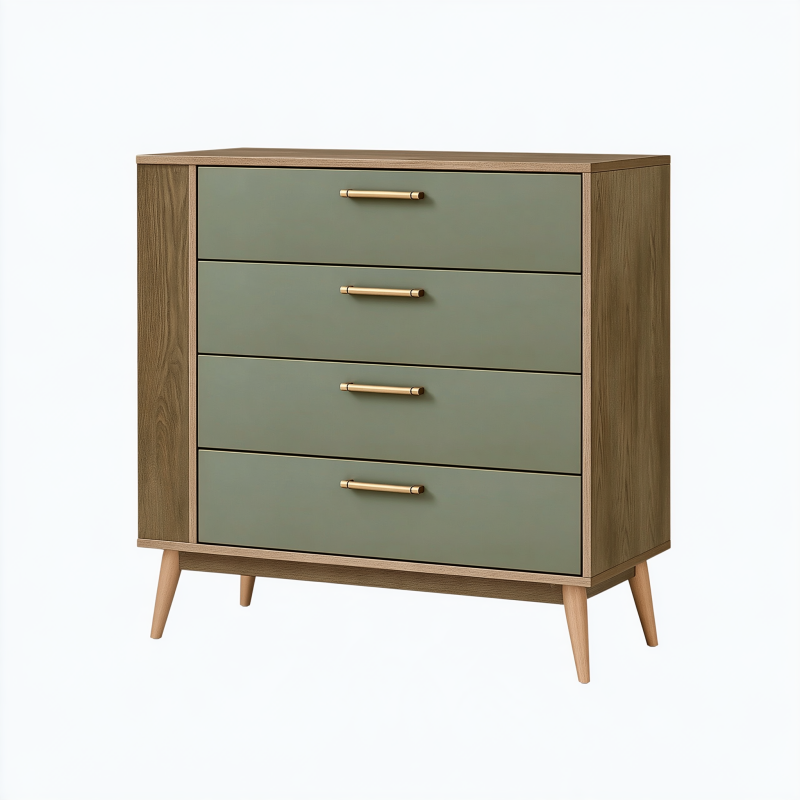 Kommode 80 x 40 x 90 cm in Holzoptik Salbeigrün mit vier Schubladen im Mid-Century-Stil