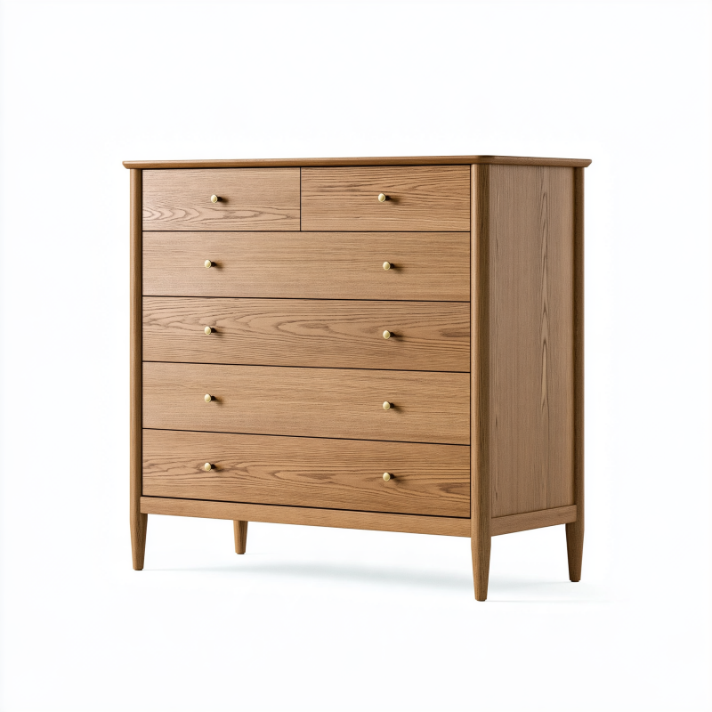 Kommode 100 x 45 x 110 cm Holz Naturbraun mit sechs Schubladen im Mid Century Stil