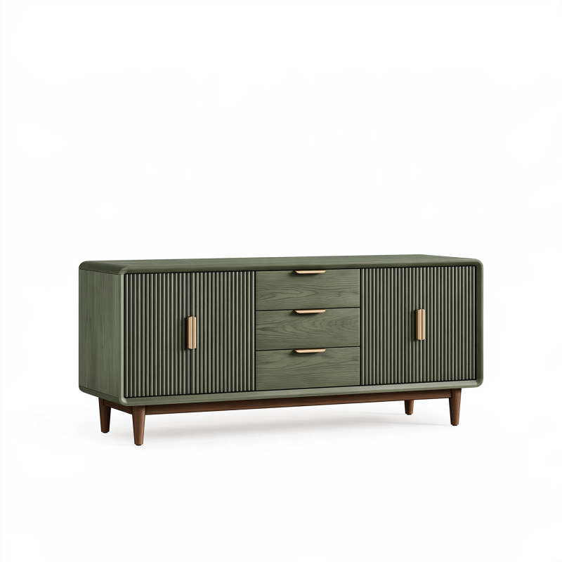 Sideboard 160 x 40 x 75 cm aus Holzwerkstoff olivgrün mit 3 Schubladen im Retro-Stil