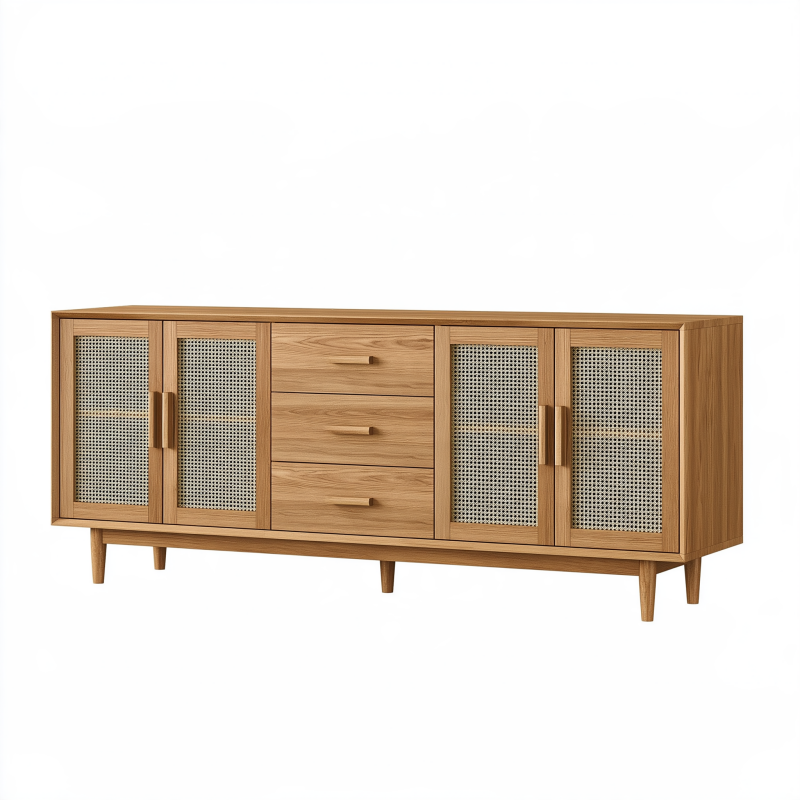 Sideboard 180 x 45 x 80 cm Holzbraun mit Rattangeflecht Mid-Century Stauraummöbel