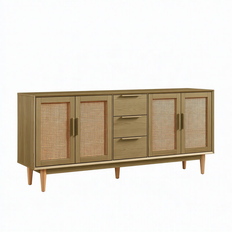 Sideboard 180x40x80 cm Holz Naturbraun mit Rattangeflecht und Schubladen