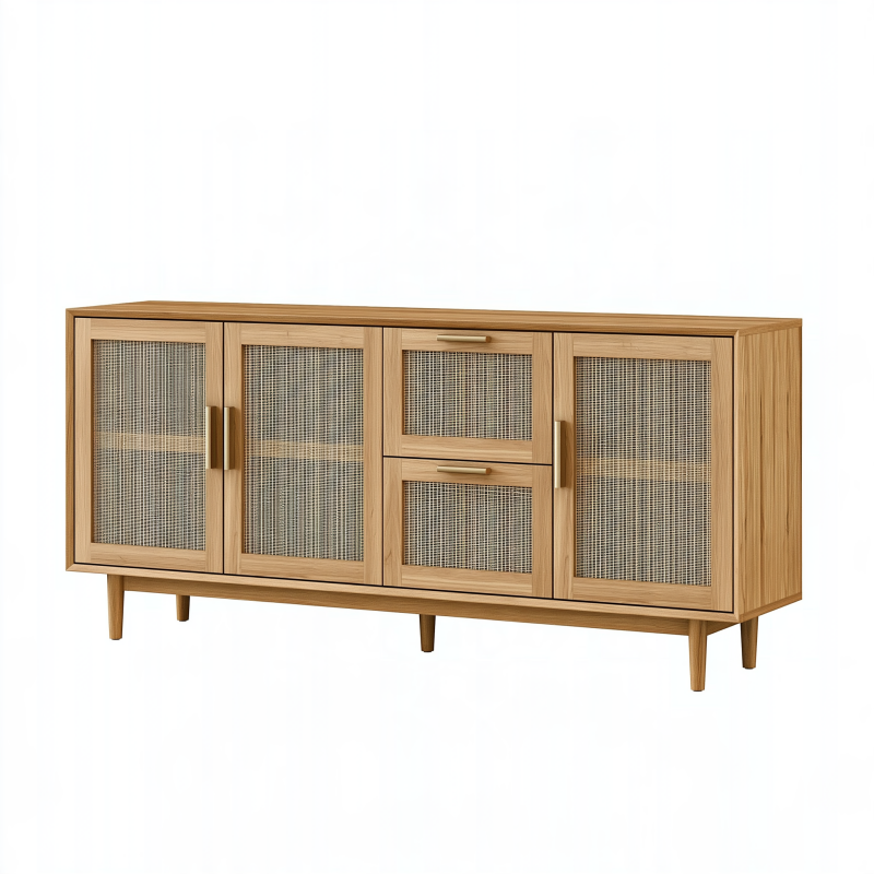 Sideboard 180 x 40 x 75 cm Holz Natur mit Rattangeflecht Mid-Century Stil