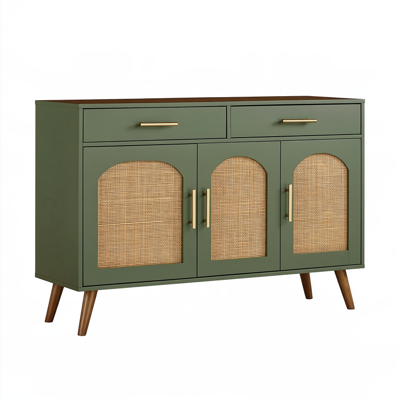 Sideboard 150 cm Olivgrün mit Rattan Holzbeinen und Stauraum