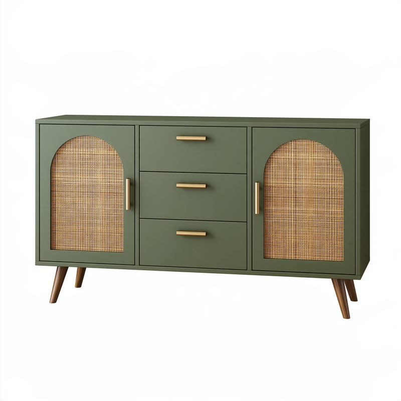 Sideboard 140 cm aus Holz in Olivgrün mit Rattangeflecht und Schubladen im Mid-Century-Stil
