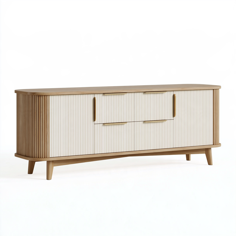 Sideboard 180 x 45 x 75 cm aus Holzwerkstoff Beige/Naturholz mit Rillenfronten und Stauraum