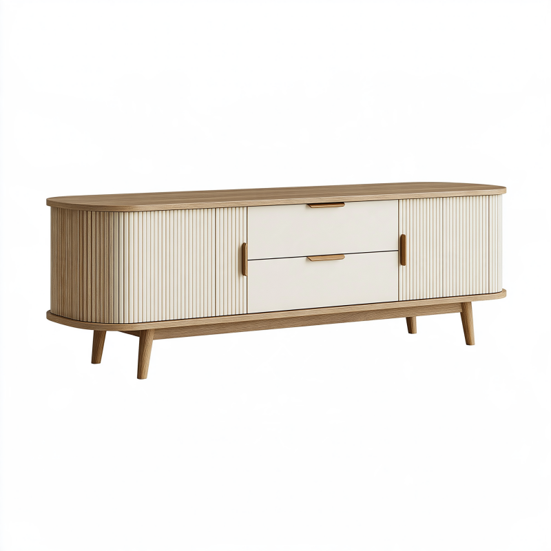 Sideboard 180 x 40 x 75 cm aus Holzwerkstoff in Natur/Creme - geriffeltes Design mit Schubladen und Türen