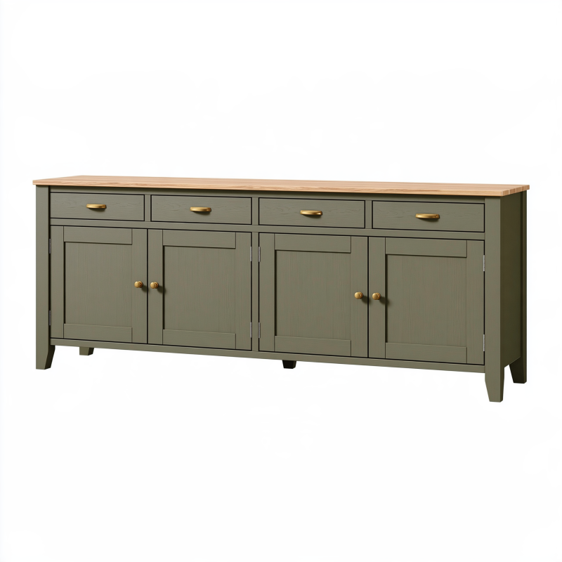 Sideboard 180 x 45 x 85 cm aus Holz in Olivgrün mit Naturholzplatte - Landhausstil mit 4 Schubladen und 4 Türen