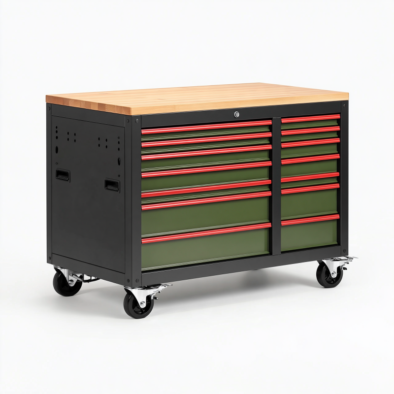 Werkzeugwagen 120 x 60 x 95 cm aus Stahl mit Holzplatte in Schwarz Grün Rot mobil