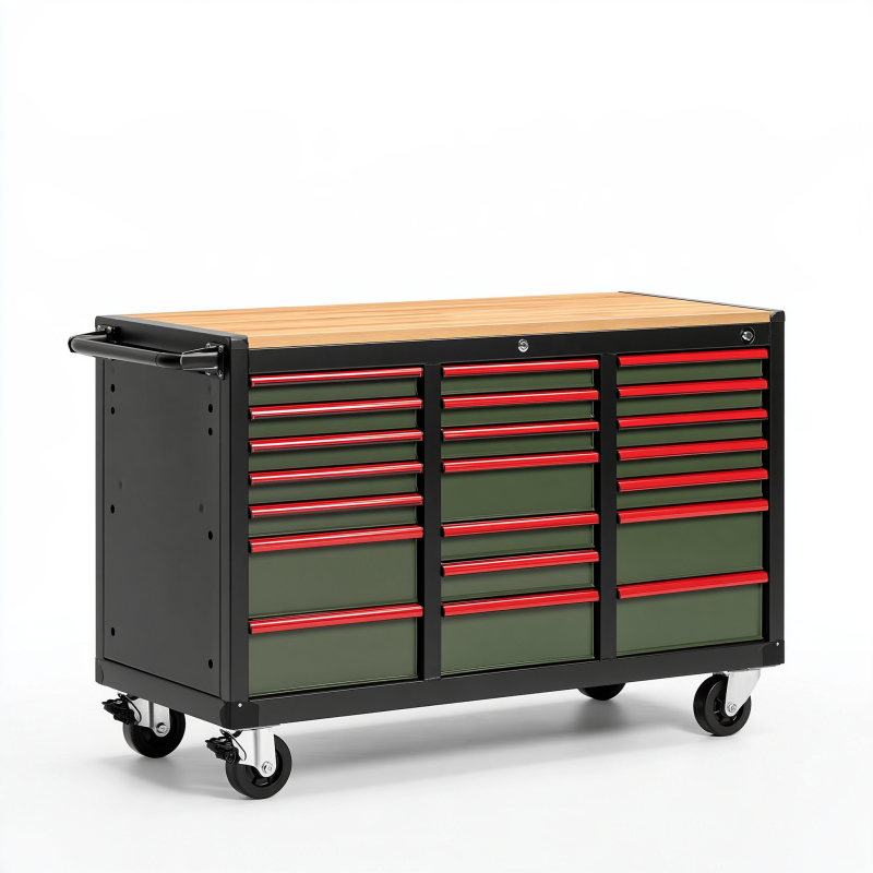 Werkzeugwagen 183 x 46 x 102 cm aus Stahl Grün Schwarz Rot mit Holzarbeitsplatte und 20 Schubladen