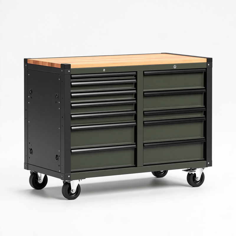 Werkstattwagen 120 x 60 x 85 cm aus Stahl Dunkelgrün mit Holzarbeitsplatte mobil
